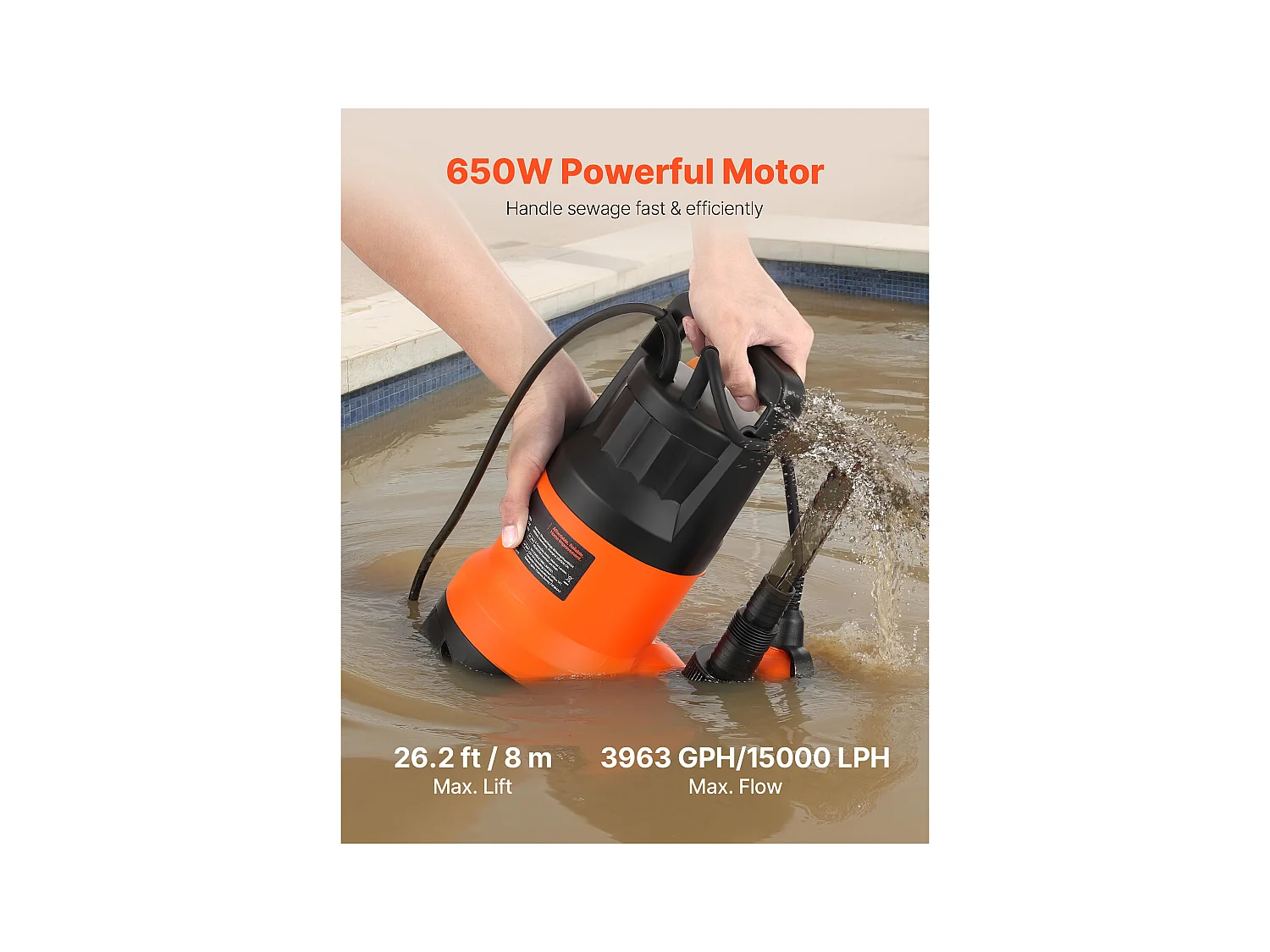 Dompelpomp voor Afvalwater SucceBuy 650 W Dompelpomp PP-GF20, 15000 L/u met Automatische Zwevenschakelaar, Opvoerhoogte 8 m, voor Zwembaden