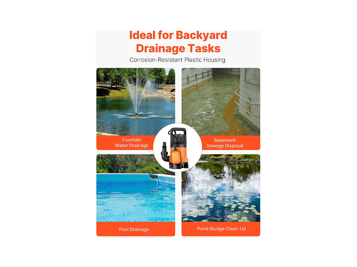 Dompelpomp voor Afvalwater SucceBuy 650 W Dompelpomp PP-GF20, 15000 L/u met Automatische Zwevenschakelaar, Opvoerhoogte 8 m, voor Zwembaden