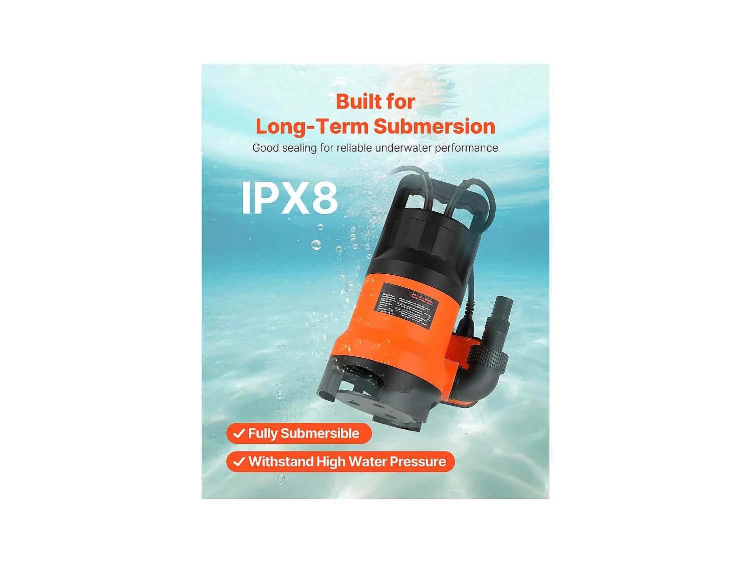 Dompelpomp voor Afvalwater SucceBuy 650 W Dompelpomp PP-GF20, 15000 L/u met Automatische Zwevenschakelaar, Opvoerhoogte 8 m, voor Zwembaden