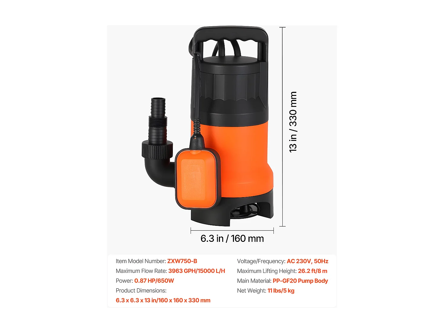 Pompe Submersible Eaux Usées SucceBuy 650 W Pompe Puisard PP-GF20, 15000 L/h avec Interrupteur à Flotteur Automatique, Hauteur Refoulement 8 m, pour Piscines