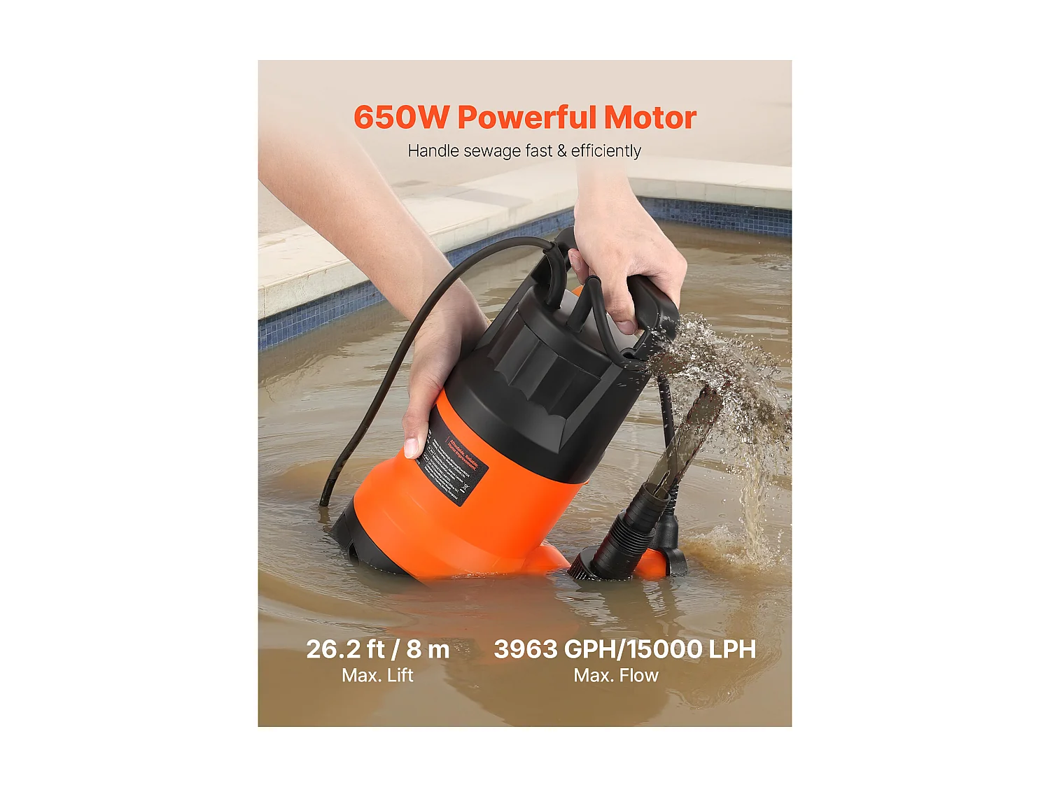 Pompe Submersible Eaux Usées SucceBuy 650 W Pompe Puisard PP-GF20, 15000 L/h avec Interrupteur à Flotteur Automatique, Hauteur Refoulement 8 m, pour Piscines