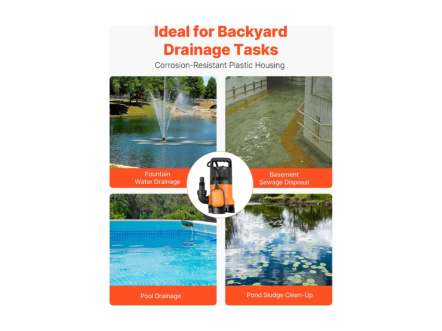 Pompe Submersible Eaux Usées SucceBuy 650 W Pompe Puisard PP-GF20, 15000 L/h avec Interrupteur à Flotteur Automatique, Hauteur Refoulement 8 m, pour Piscines