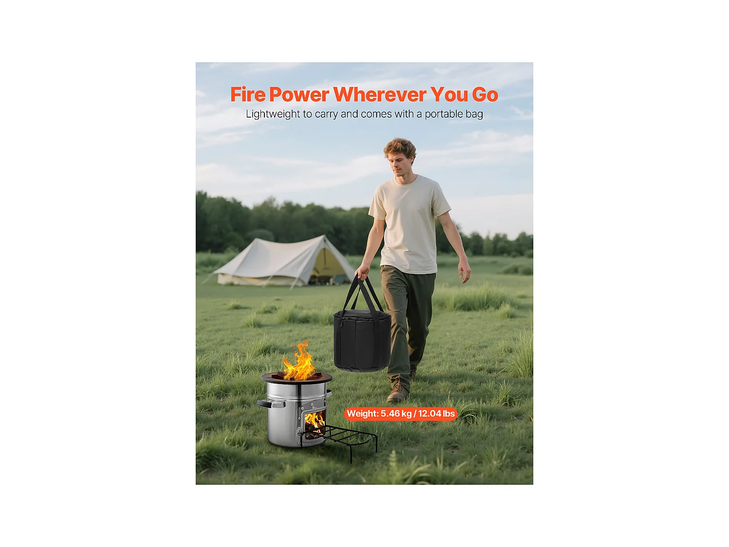 Fogão de Acampamento Foguete SucceBuy, Fogão a Lenha Portátil em Aço Inoxidável, com Bolsa de Transporte, Porta Única, Fogão Foguete para Cozinha e Aquecimento