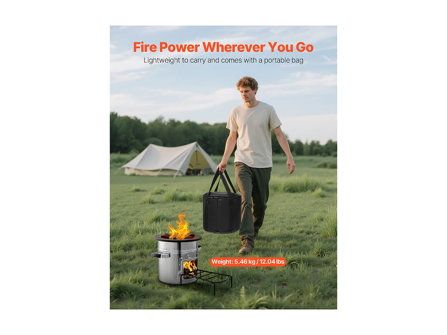 Réchaud Camping Rocket SucceBuy, Poêle à Bois Portable en Acier Inoxydable, avec Sac de Transport, Porte Simple, Réchaud à Fusée pour Cuisine et Chauffe