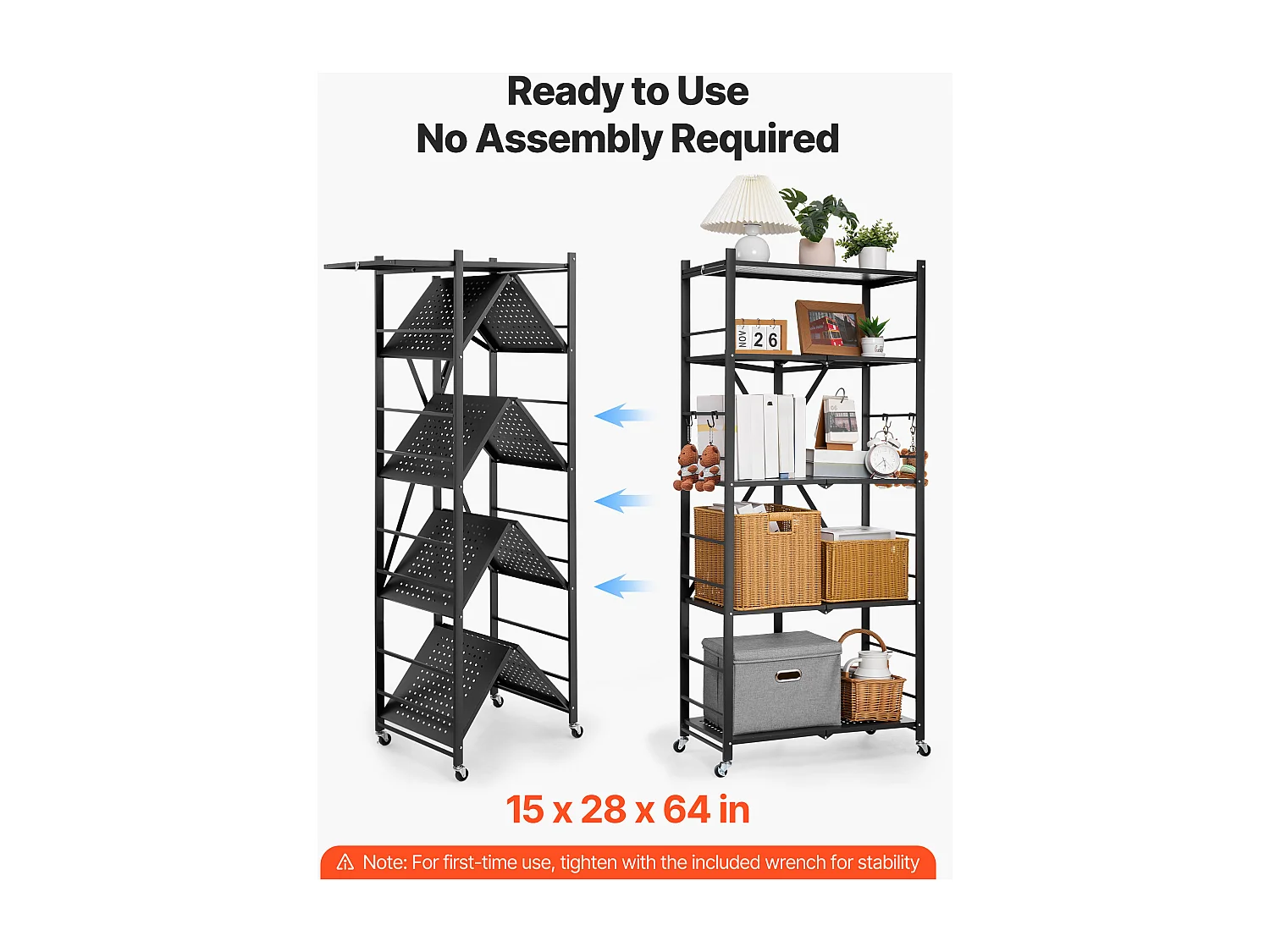Estantería SucceBuy Plegable Móvil, 5 Niveles, Estantería Plegable con Ruedas, 71x38x163 cm, Metal Robusto, Carga Estática 340 kg Dinámica 90,7 kg