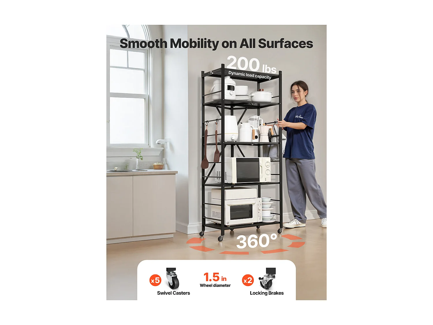 Estantería SucceBuy Plegable Móvil, 5 Niveles, Estantería Plegable con Ruedas, 71x38x163 cm, Metal Robusto, Carga Estática 340 kg Dinámica 90,7 kg