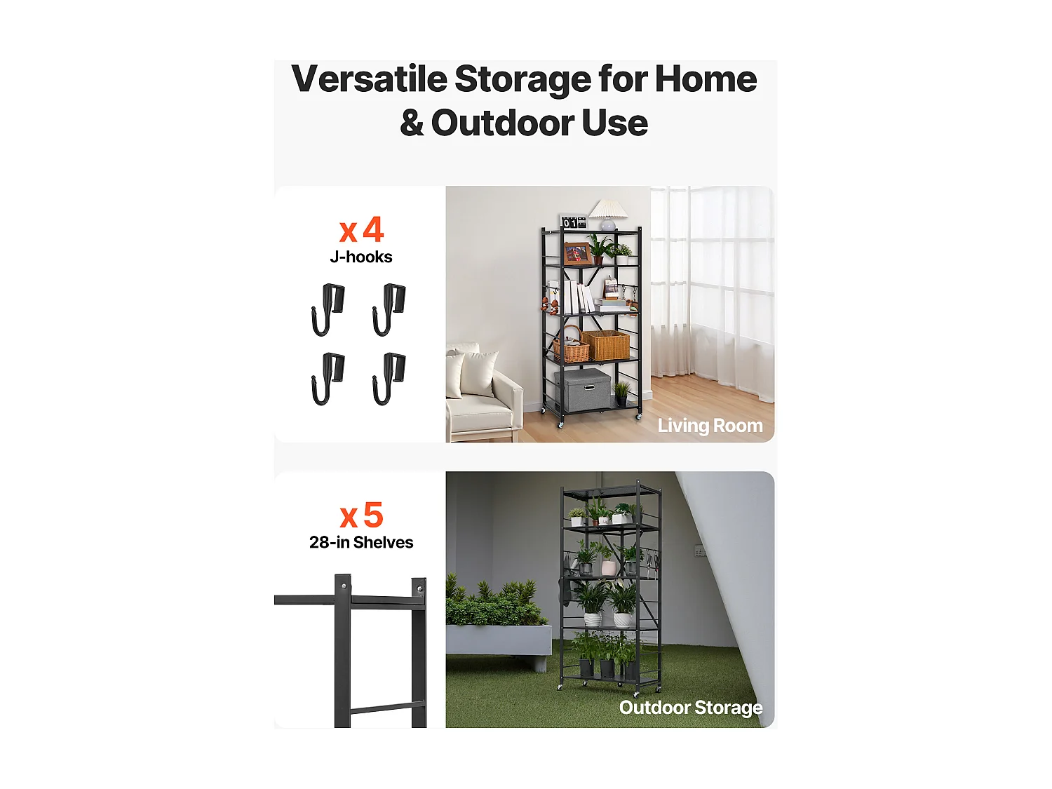 Estantería SucceBuy Plegable Móvil, 5 Niveles, Estantería Plegable con Ruedas, 71x38x163 cm, Metal Robusto, Carga Estática 340 kg Dinámica 90,7 kg