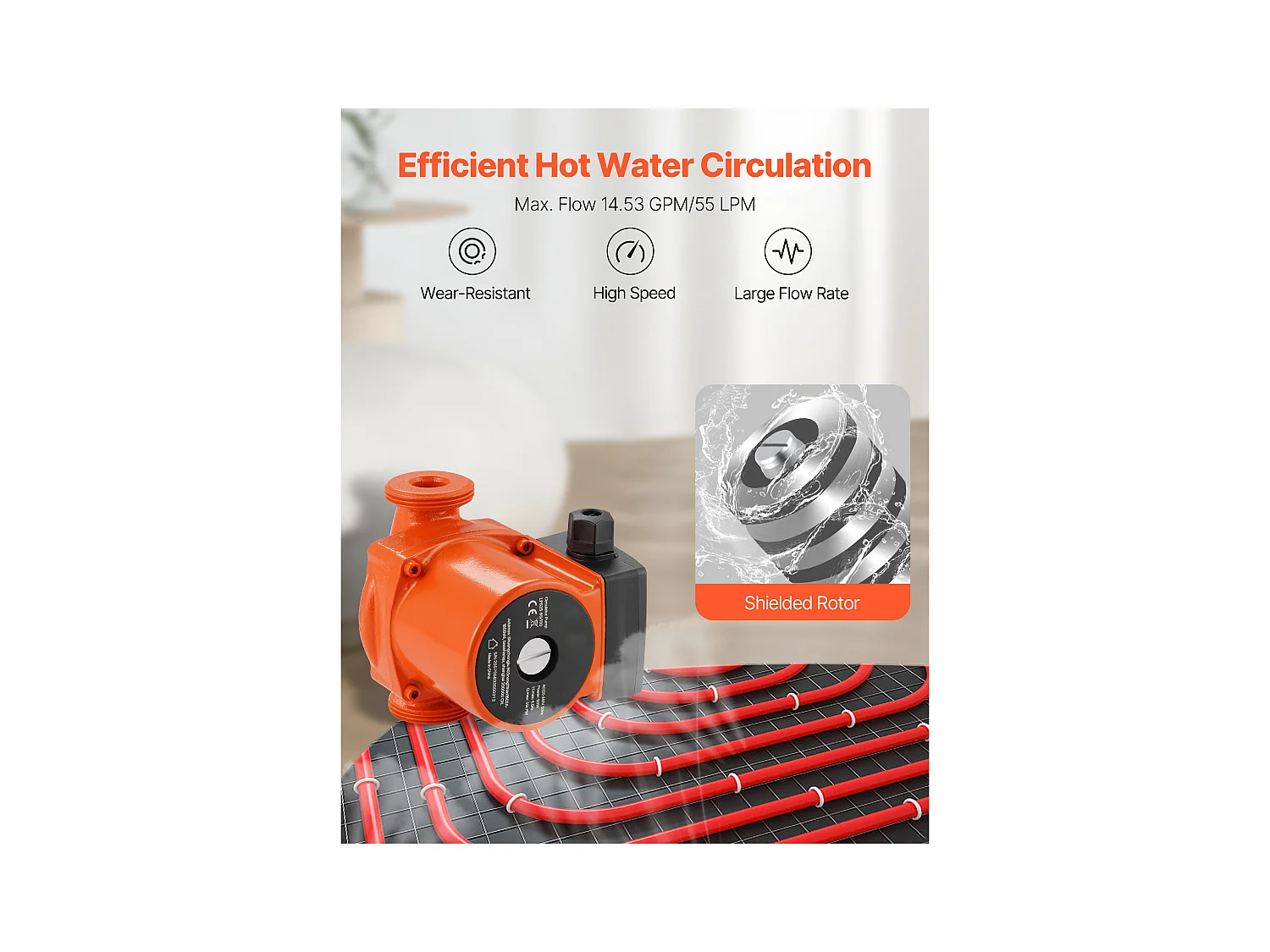 Circulatiepomp SucceBuy voor Warm Water, Hoogrendement Verwarmingspomp 55 L/min, Schroefdraadaansluiting, Instelling 3 Snelheden, Stille Werking