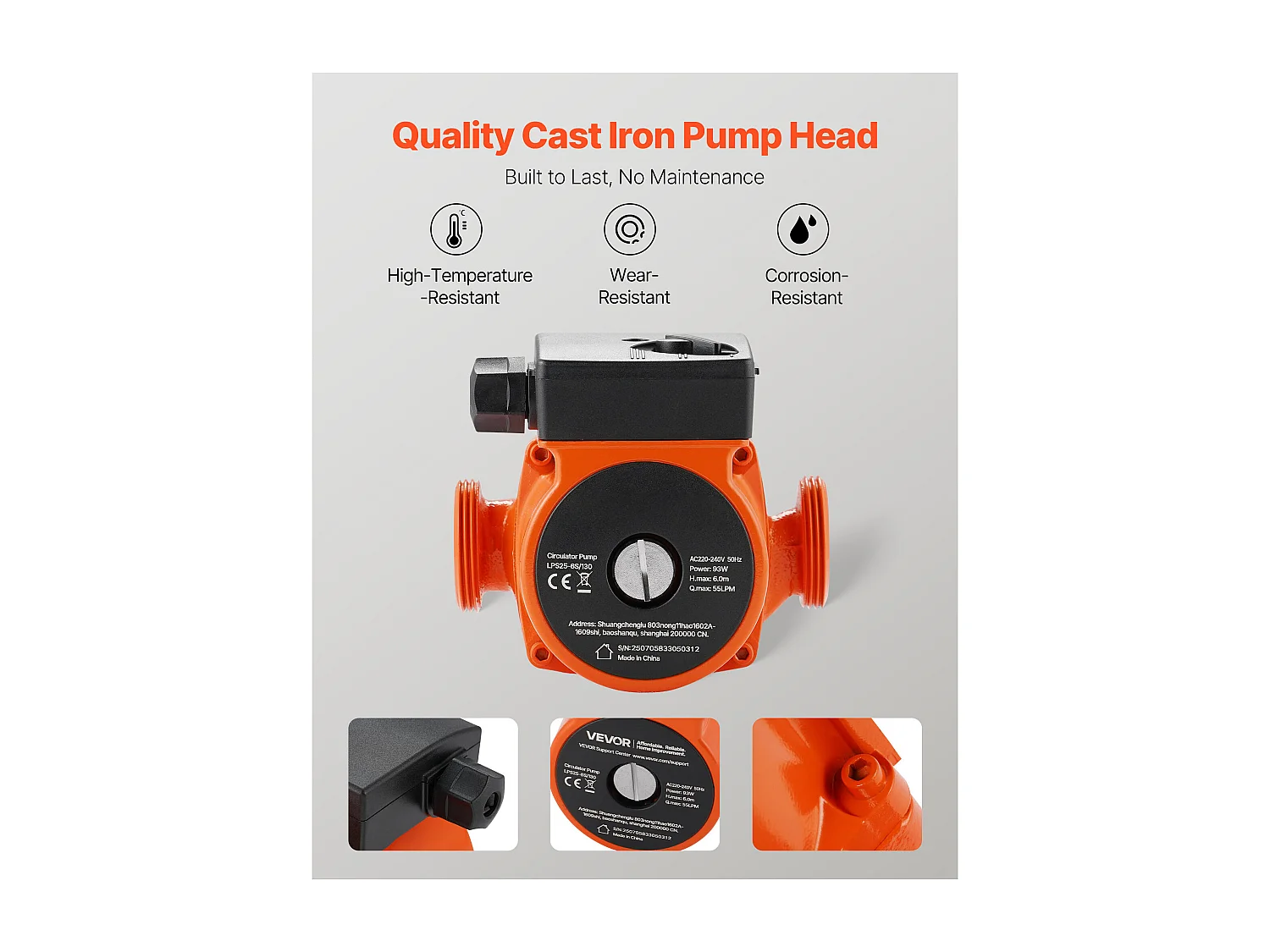 Umwälzpumpe SucceBuy für Heißwasser, Hocheffiziente Heizungspumpe 55 L/min, Gewindeanschluss, Einstellung 3 Geschwindigkeiten, Leiser Betrieb