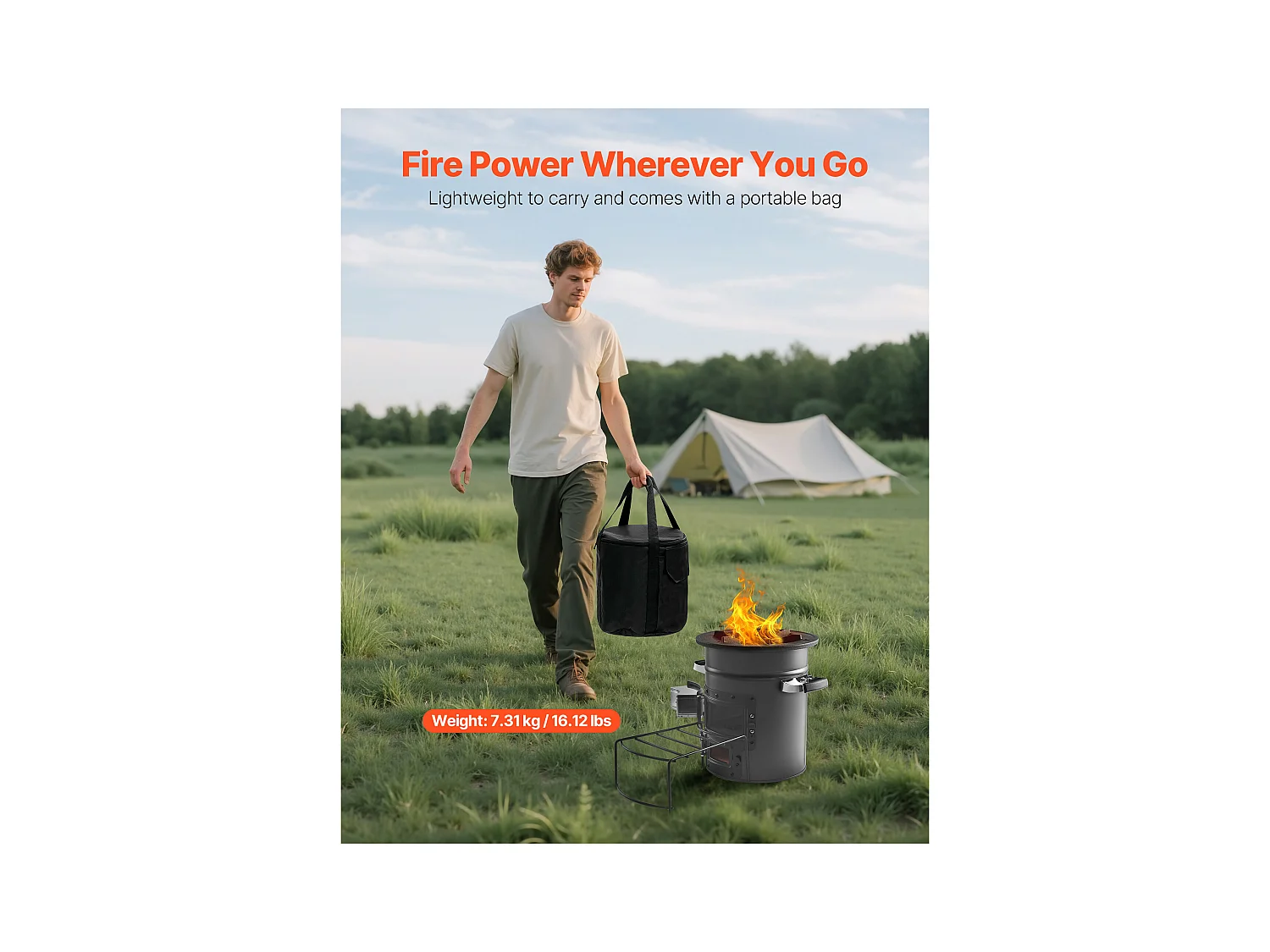 Fornello da Campeggio Rocket SucceBuy, Stufa a Legna Portatile in Acciaio SPCC, con Borsa da Trasporto, Doppia Porta, Fornello Razzo a Carbone per Cucina