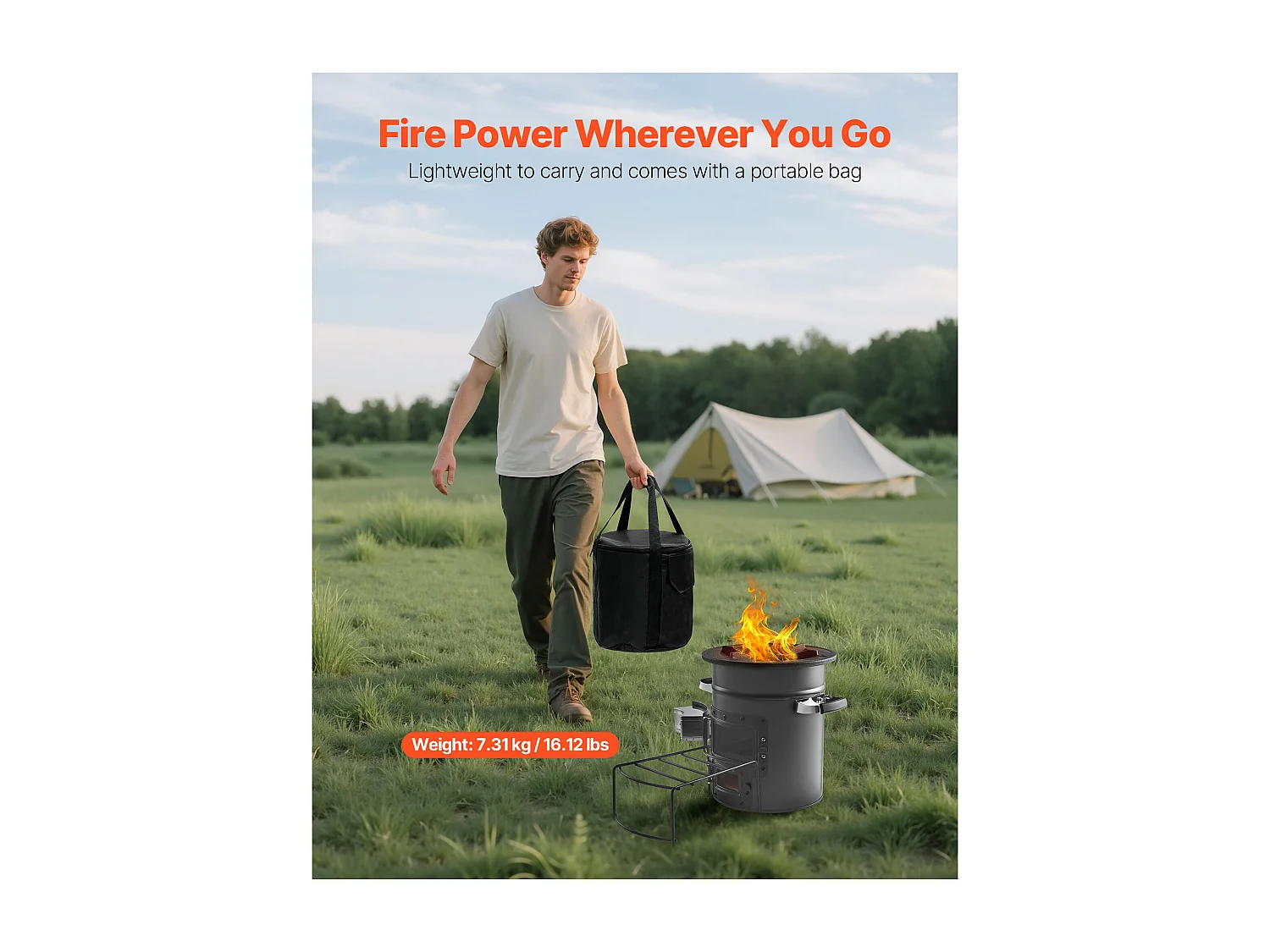 Fornello da Campeggio Rocket SucceBuy, Stufa a Legna Portatile in Acciaio SPCC, con Borsa da Trasporto, Doppia Porta, Fornello Razzo a Carbone per Cucina