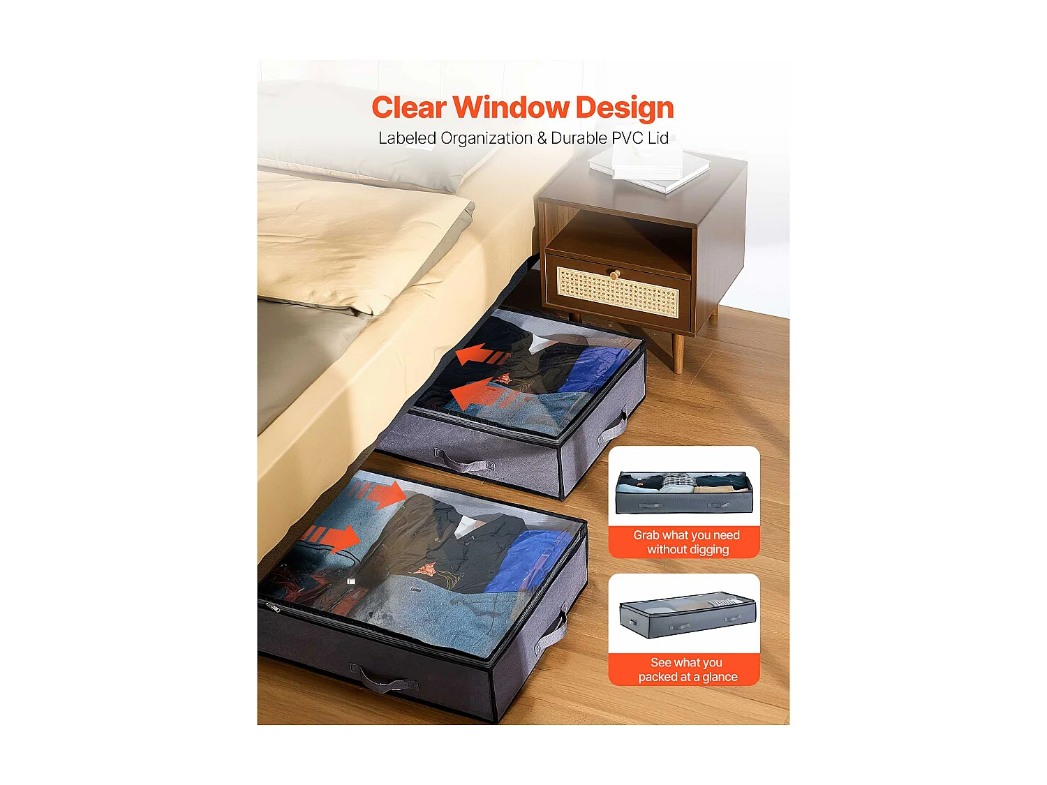 Sacs de Rangement sous Lit SucceBuy, 6 Pièces de 90 L, Organisateur de Chaussures sous le Lit avec Couvercles Transparents, pour Vêtements, Gris