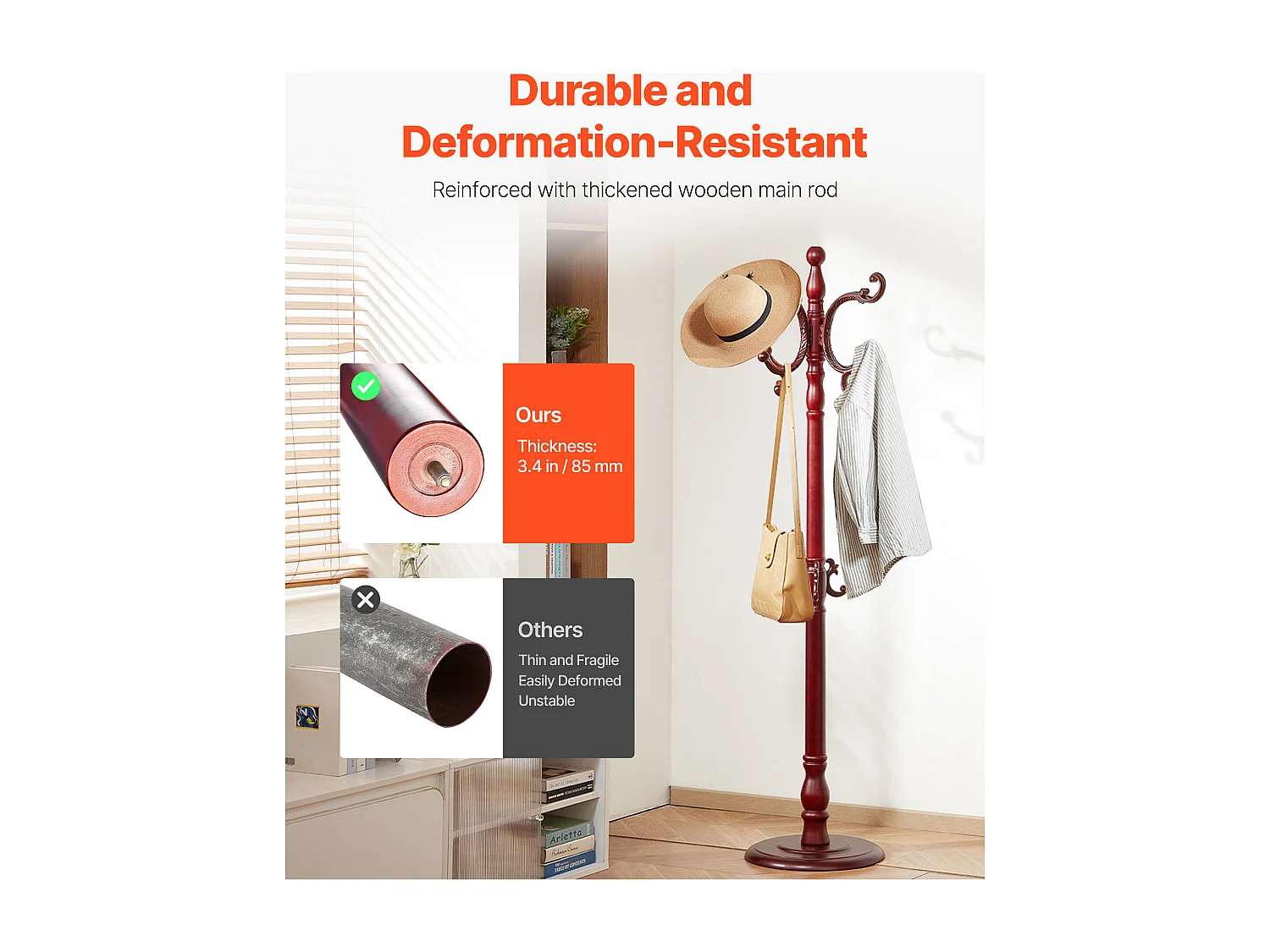 Porte Manteau Sur pied SucceBuy Portant à Vêtements avec Base Stable, 11 Crochets, Porte Manteau en Bois Autoportant pour Entrée