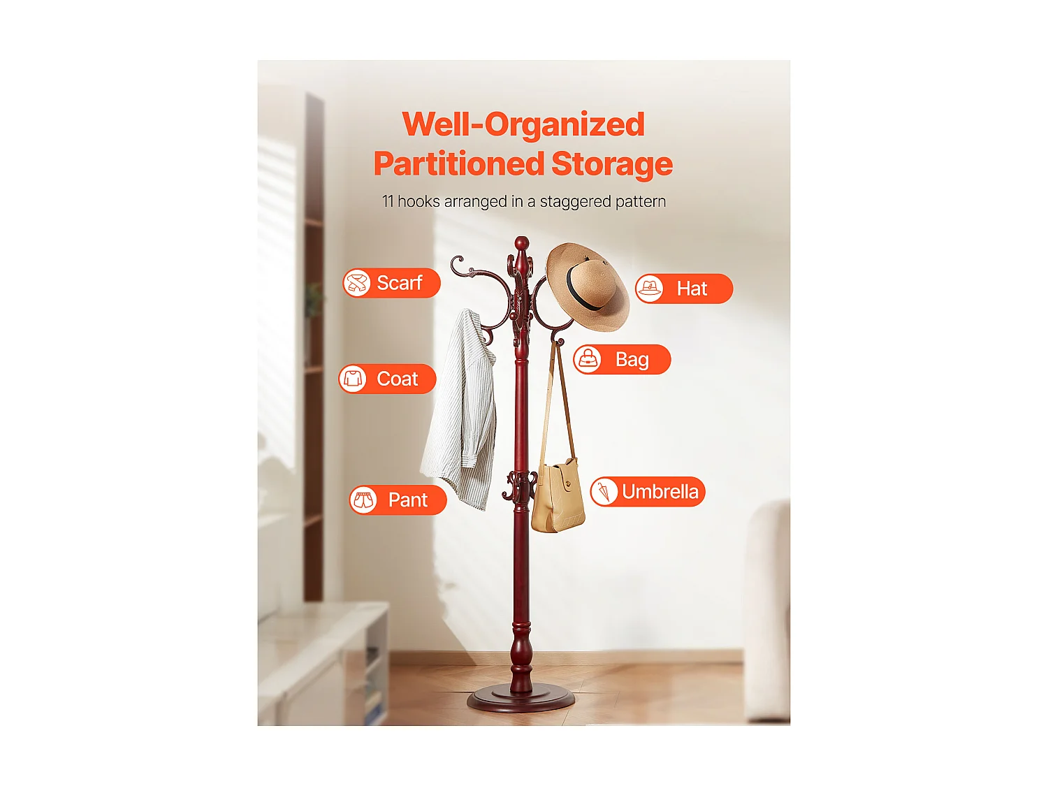 Porte Manteau Sur pied SucceBuy Portant à Vêtements avec Base Stable, 11 Crochets, Porte Manteau en Bois Autoportant pour Entrée