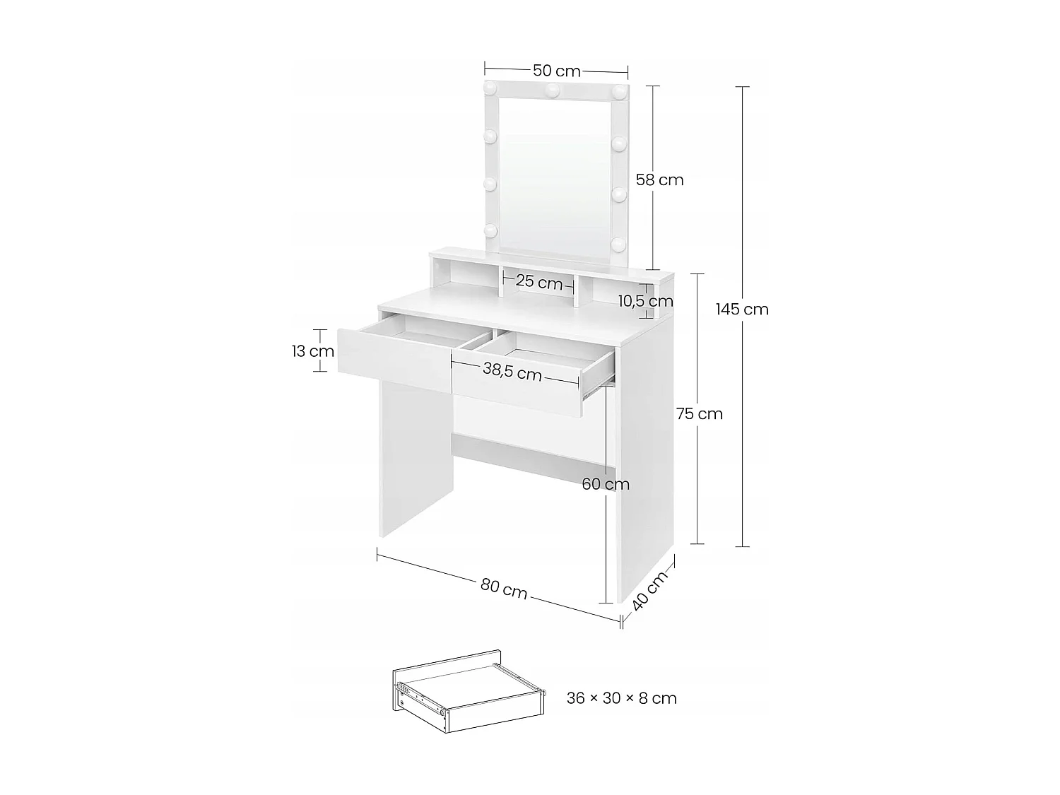 SCHMINKTISCH FÜR MAKE-UP UND KOSMETIK MIT LED-SPIEGEL MODERN LOFT 80 CM