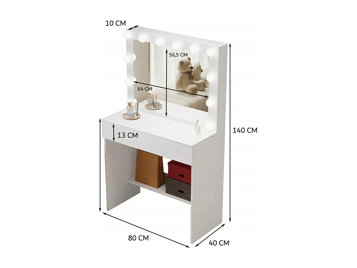 TOALETKA KOSMETYCZNA MAKIJAŻU WIZAŻU Z LUSTREM LED NOWOCZESNA LOFT GLAMOUR