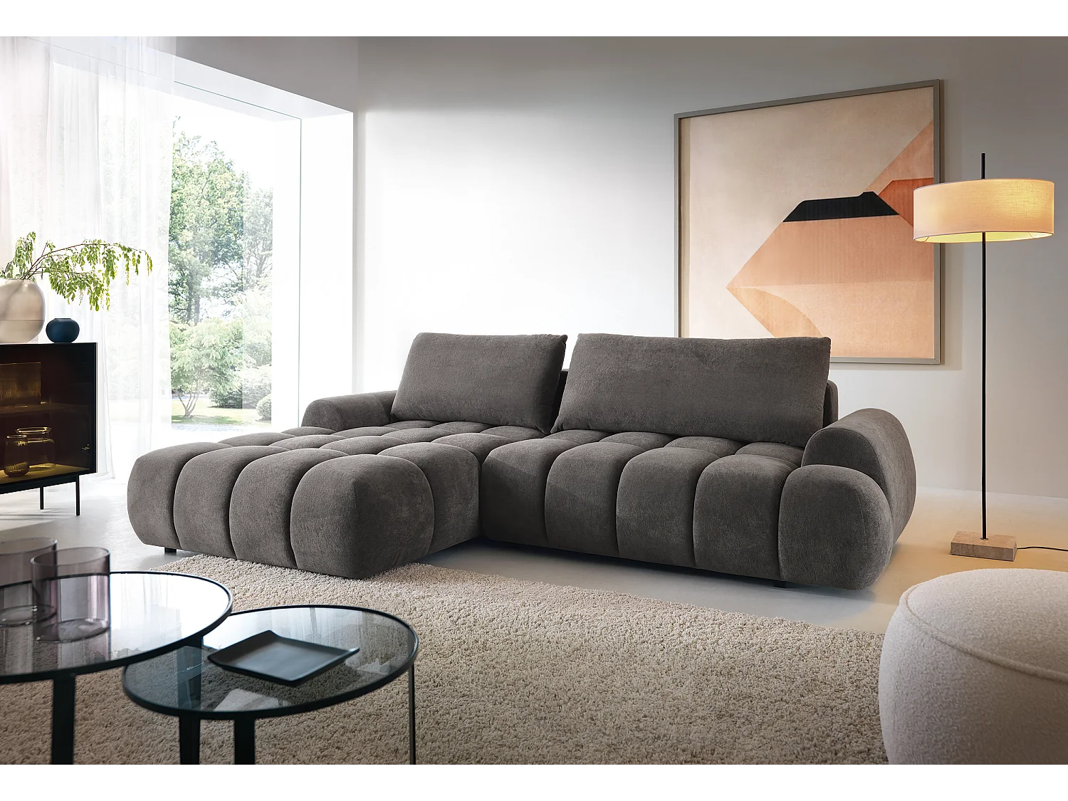 Emporius Valerio Ecksofa 280 cm - Schlafsofa mit Bettkasten, Links - Samt Dunkelgrau (Gobi 17)