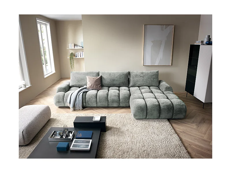 Emporius Valerio Canapé d'angle Convertible - Canapé 340 cm, Droite - Velours Gris clair  (Ditra New 16)