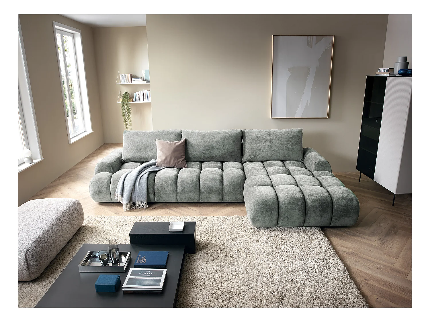 Emporius Valerio Canapé d'angle Convertible - Canapé 340 cm, Droite - Velours Gris clair  (Ditra New 16)