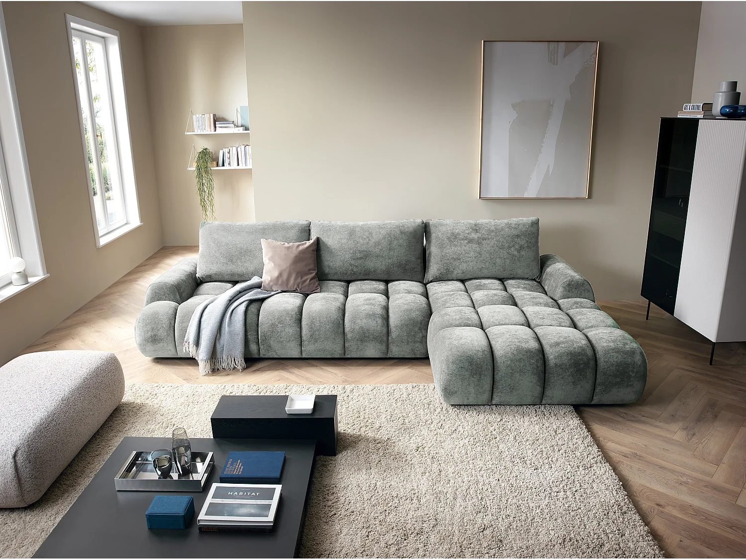 Emporius Valerio Canapé d'angle Convertible - Canapé 340 cm, Droite - Velours Gris clair  (Ditra New 16)