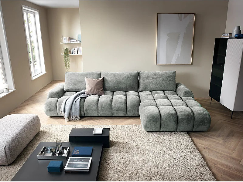 Emporius Valerio Canapé d'angle Convertible - Canapé 340 cm, Droite - Velours Gris clair  (Ditra New 16)