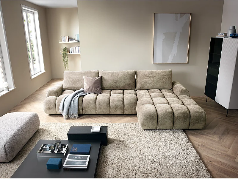 Emporius Valerio Hoekbank met bedlade - Slaapbank 340 cm , rechts - beige (Ditra New 3)