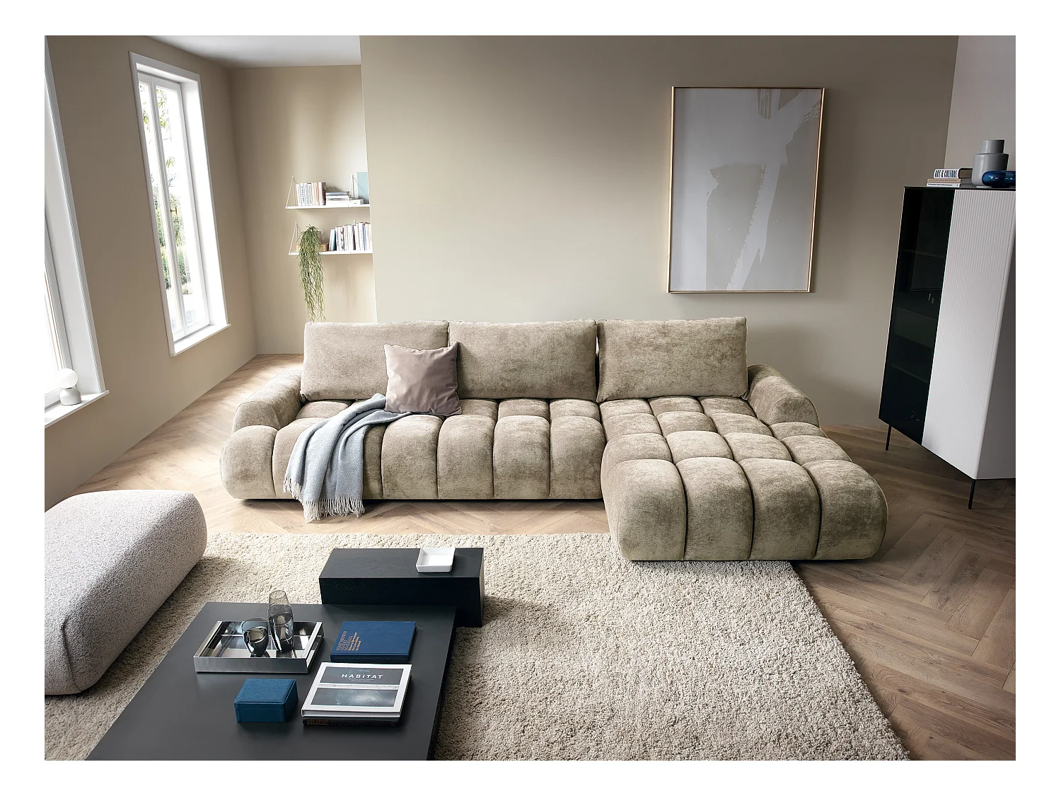 Emporius Valerio Canapé d'angle Convertible - Canapé 340 cm, Droite - Velours Beige (Ditra New 3)