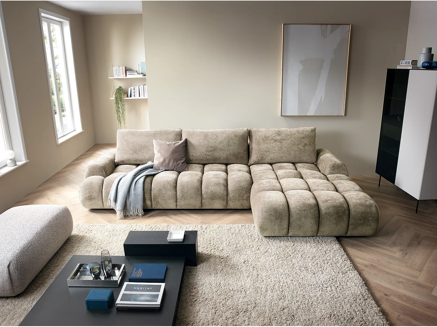 Emporius Valerio Canapé d'angle Convertible - Canapé 340 cm, Droite - Velours Beige (Ditra New 3)