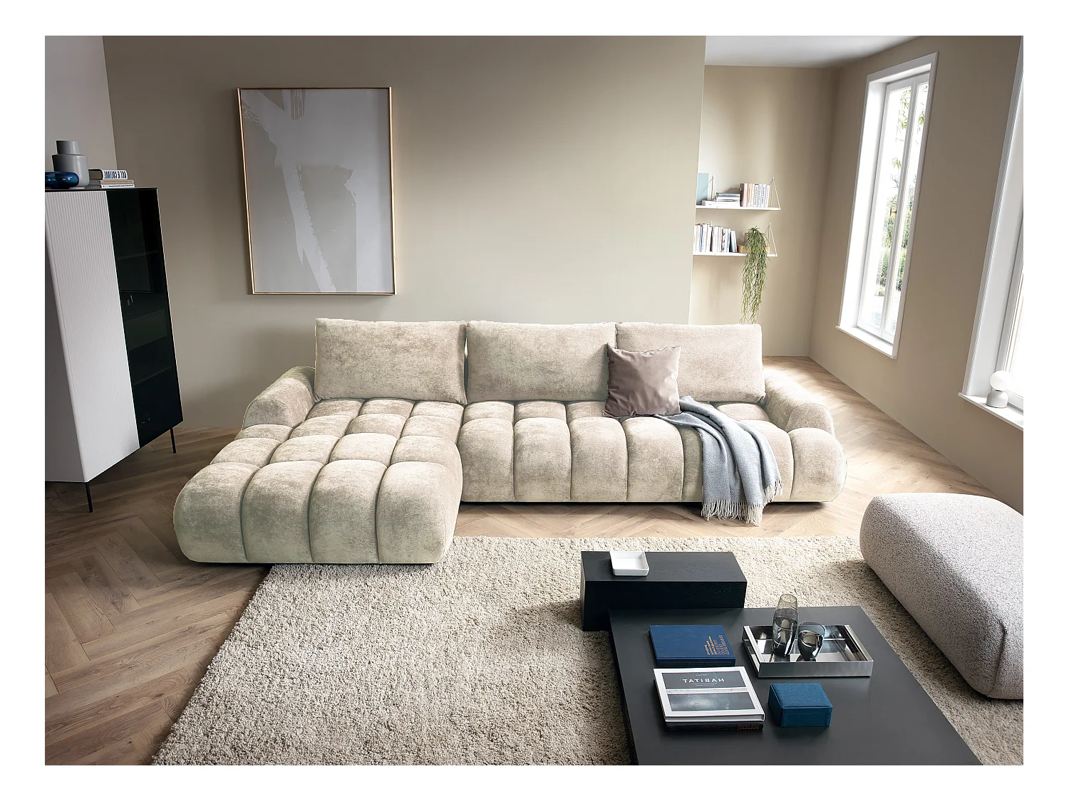 Emporius Valerio Canapé d'angle Convertible - Canapé 340 cm, Gauche - Velours Crème (Ditra New 1)