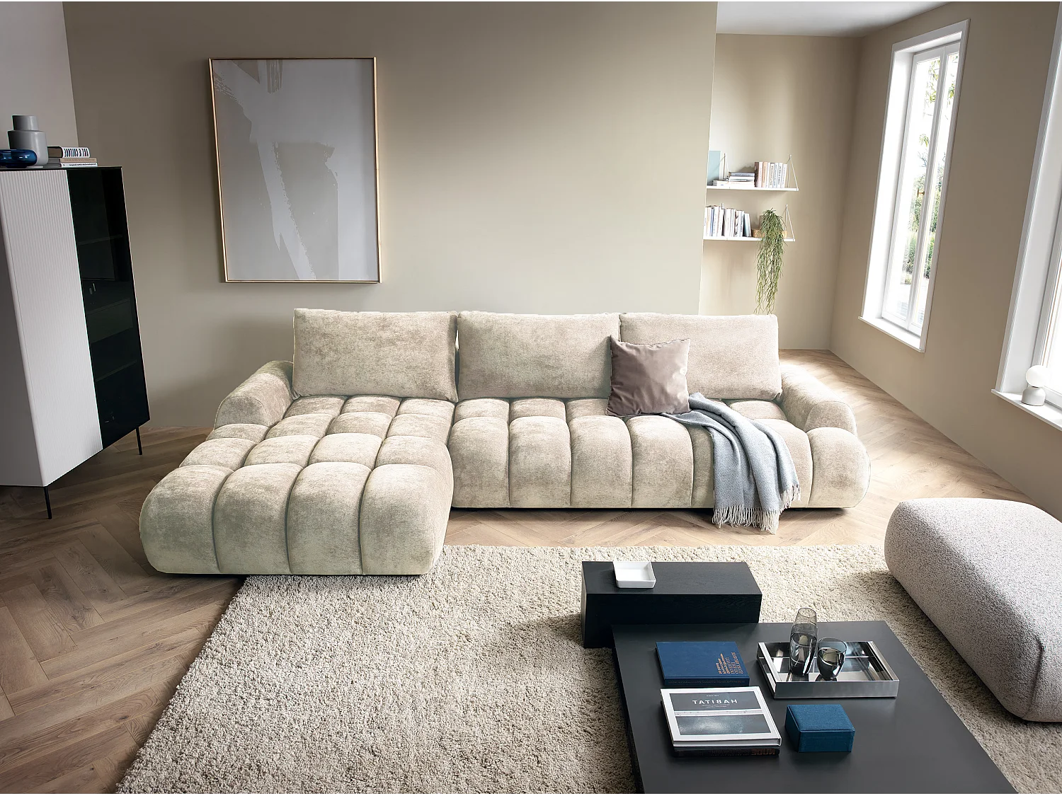 Emporius Valerio Canapé d'angle Convertible - Canapé 340 cm, Gauche - Velours Crème (Ditra New 1)