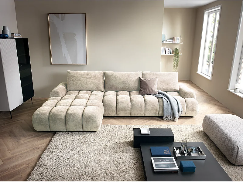 Emporius Valerio Canapé d'angle Convertible - Canapé 340 cm, Gauche - Velours Crème (Ditra New 1)