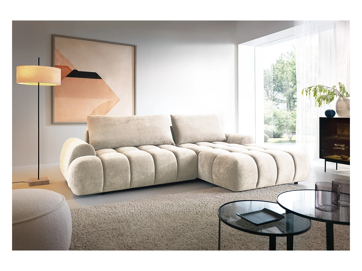 Emporius Valerio Ecksofa 280 cm - Schlafsofa mit Bettkasten, Rechts - Samt Creme (Gobi 1)