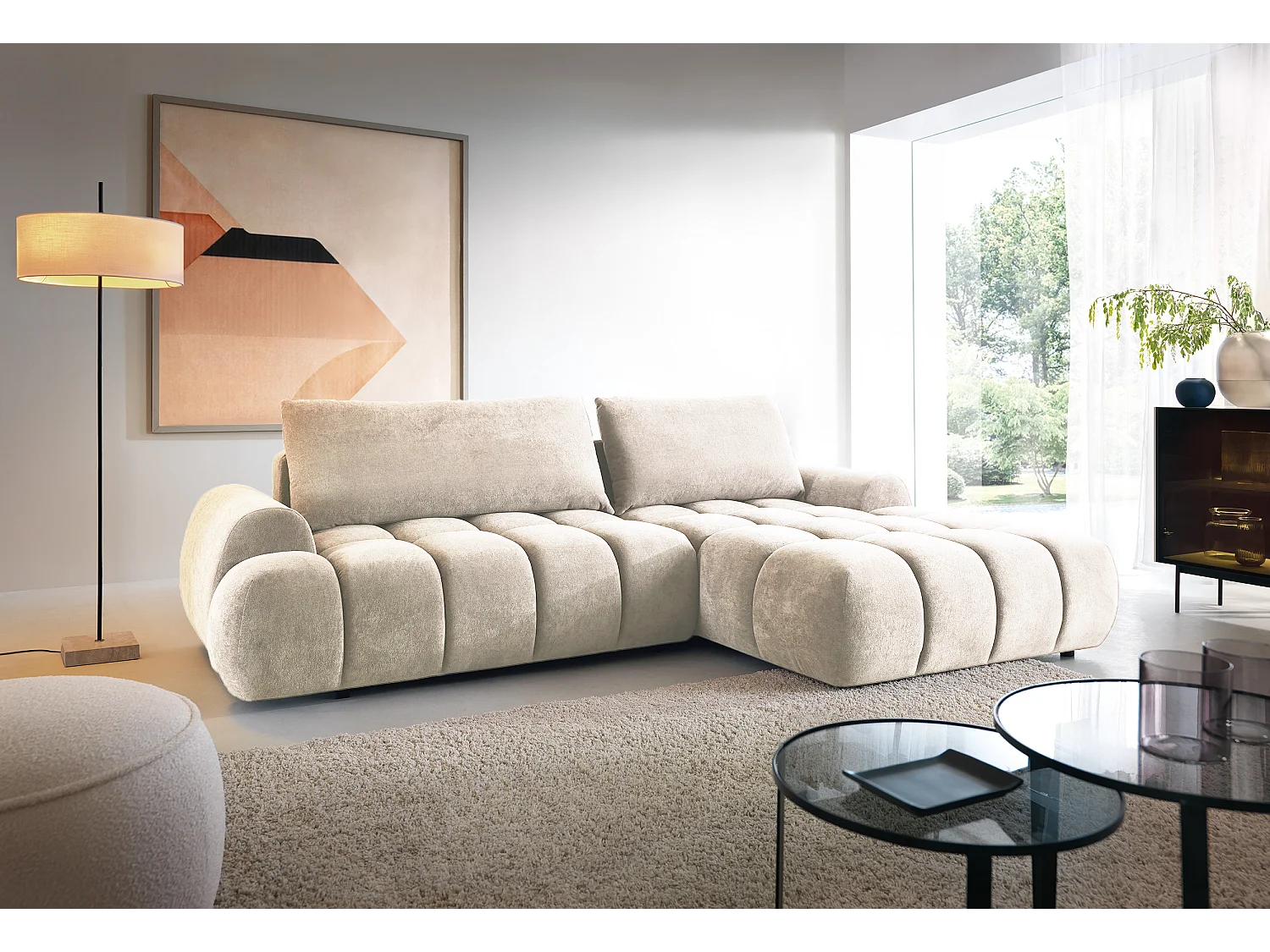 Emporius Valerio Ecksofa 280 cm - Schlafsofa mit Bettkasten, Rechts - Samt Creme (Gobi 1)