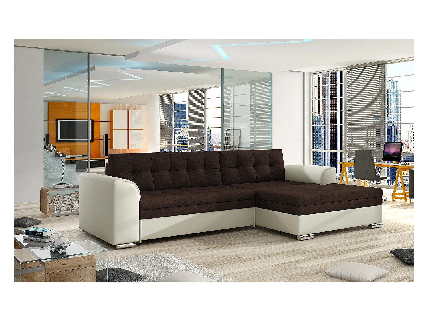 Canapé d'angle Merati R avec fonction couchage / de Lagar / revêtement en tissu et similicuir / marron et blanc