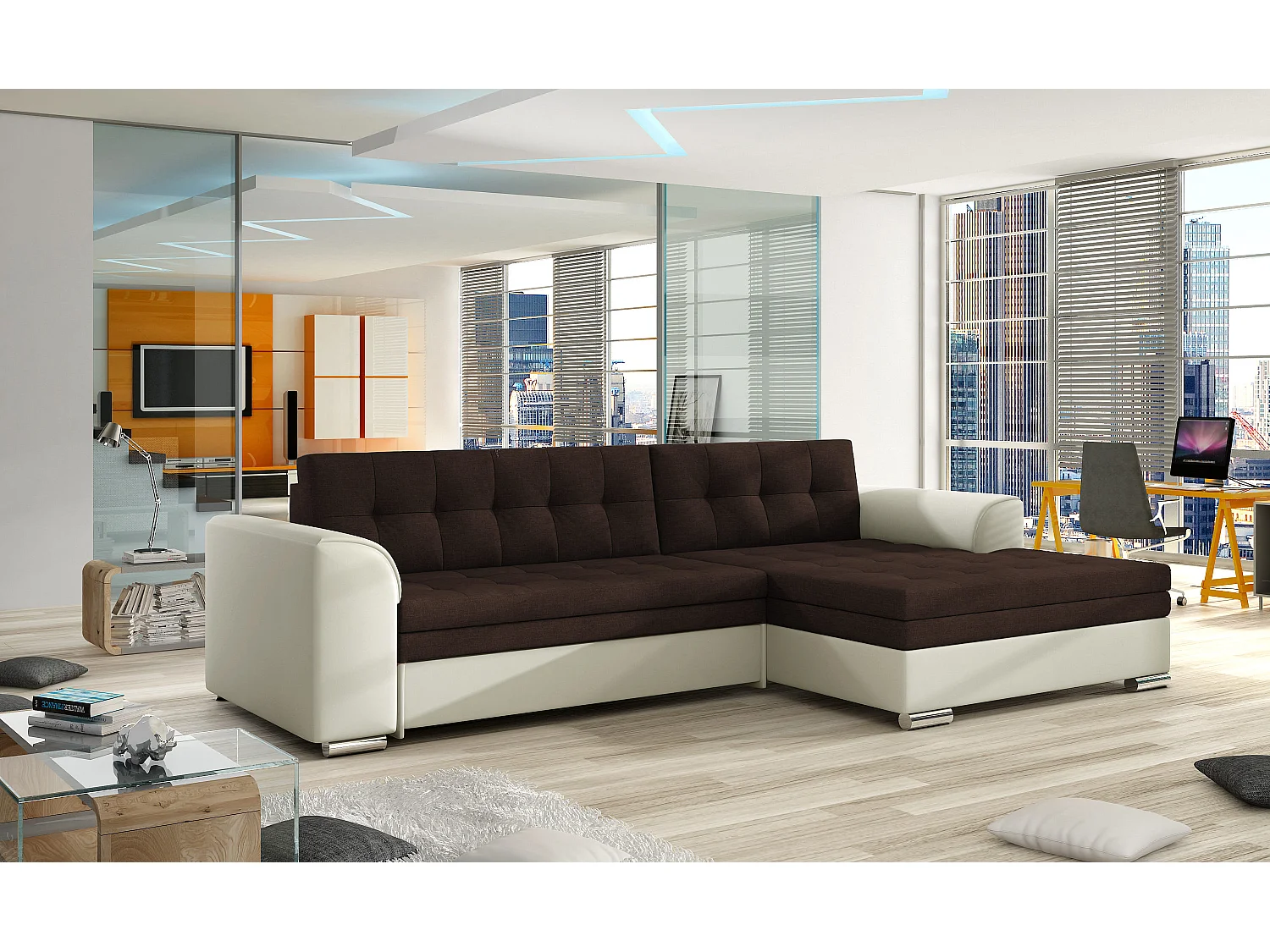 Canapé d'angle Merati R avec fonction couchage / de Lagar / revêtement en tissu et similicuir / marron et blanc