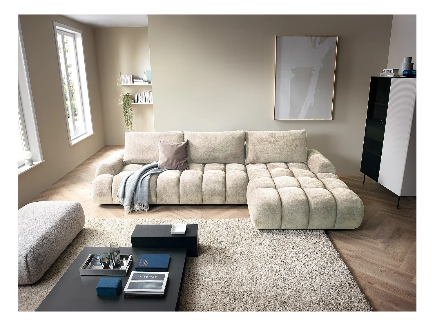 Emporius Valerio Canapé d'angle Convertible - Canapé 340 cm, Droite - Velours Crème (Ditra New 1)