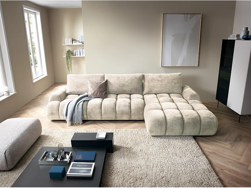 Emporius Valerio Ecksofa mit Schalffunktion - Eckcouch 340 cm, Rechts - Creme (Ditra New 1)