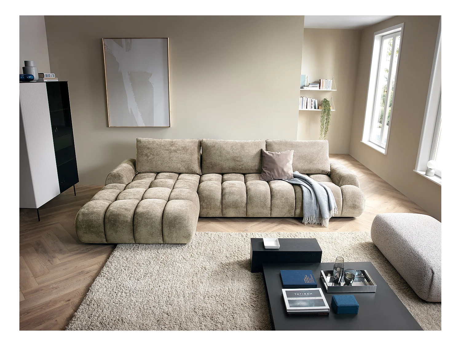 Emporius Valerio Canapé d'angle Convertible - Canapé 340 cm, Gauche - Velours Beige (Ditra New 3)