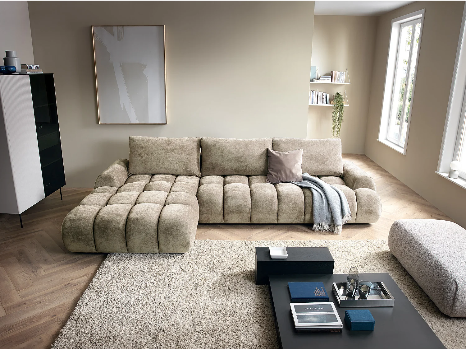 Emporius Valerio Canapé d'angle Convertible - Canapé 340 cm, Gauche - Velours Beige (Ditra New 3)