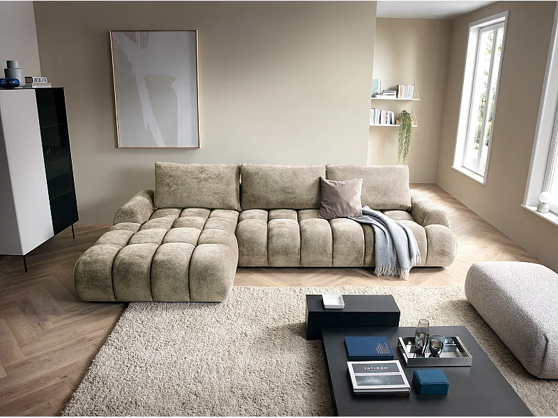 Emporius Valerio Canapé d'angle Convertible - Canapé 340 cm, Gauche - Velours Beige (Ditra New 3)