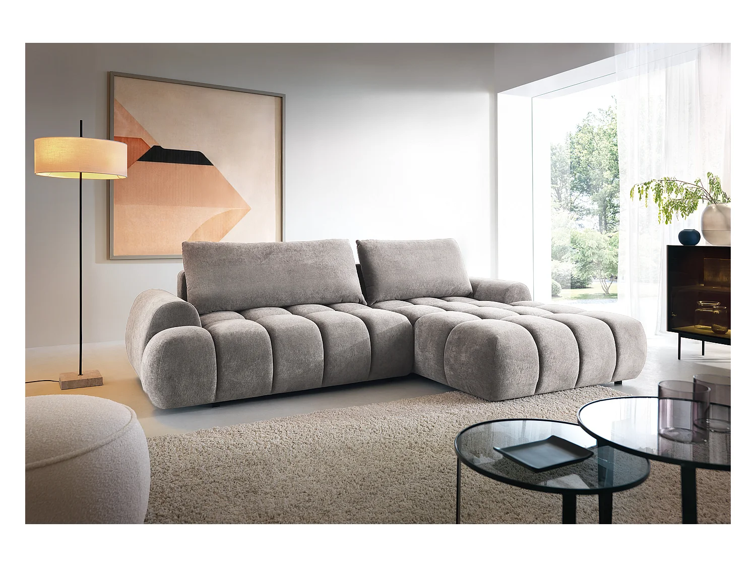 Emporius Valerio Ecksofa 280 cm - Schlafsofa mit Bettkasten, Rechts - Samt Hellgrau (Gobi 16)