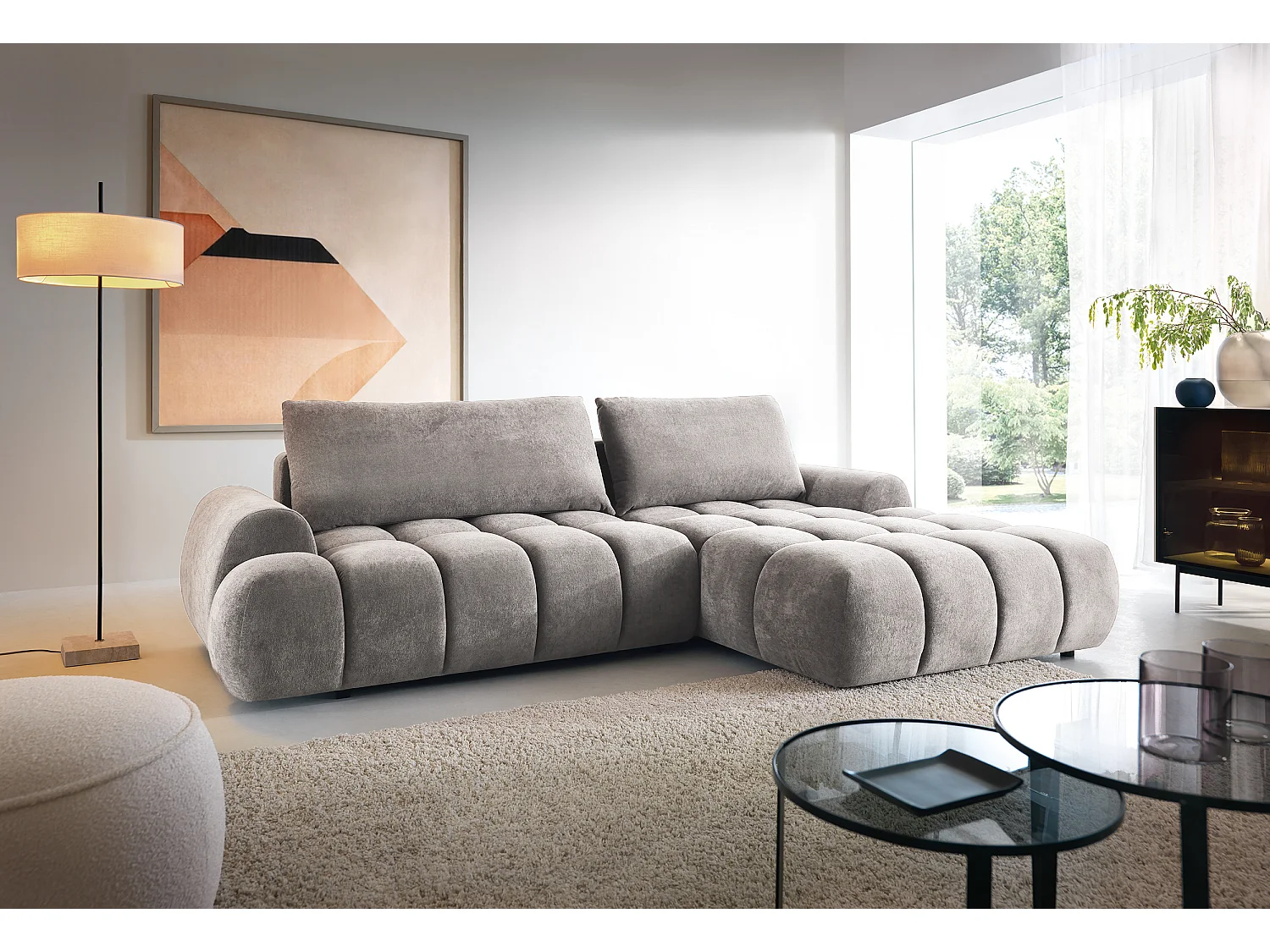 Emporius Valerio Canapé d'angle 280 cm - Canapé Convertible, Droite - Velours Gris clair (Gobi 16)