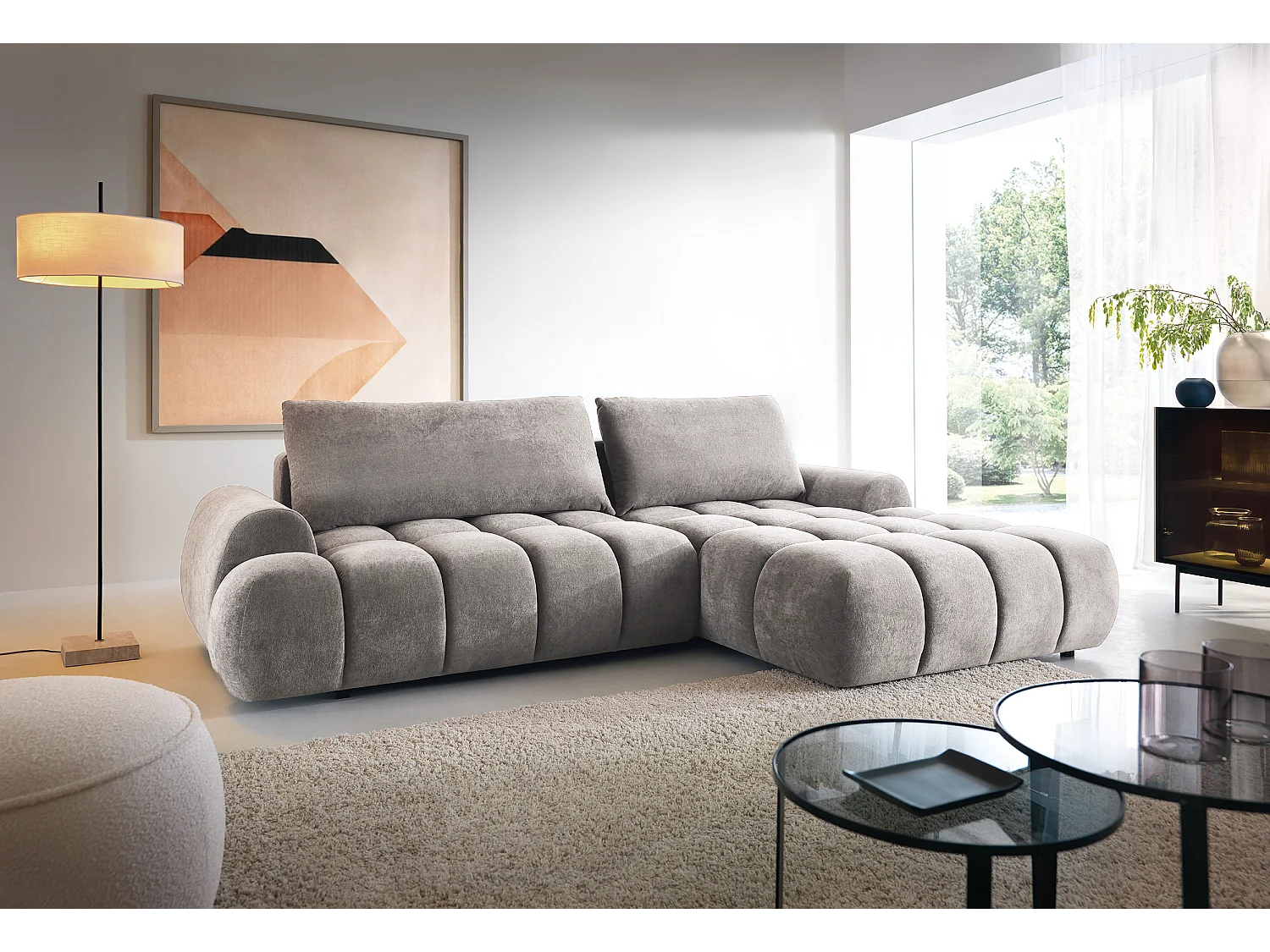 Emporius Valerio Hoekbank 280 cm - Slaapbank met bedlade, rechts - fluweel lichtgrijs (Gobi 16)