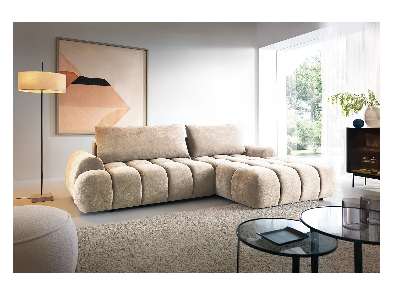 Emporius Valerio Ecksofa 280 cm - Schlafsofa mit Bettkasten, Rechts - Samt Beige (Gobi 3)