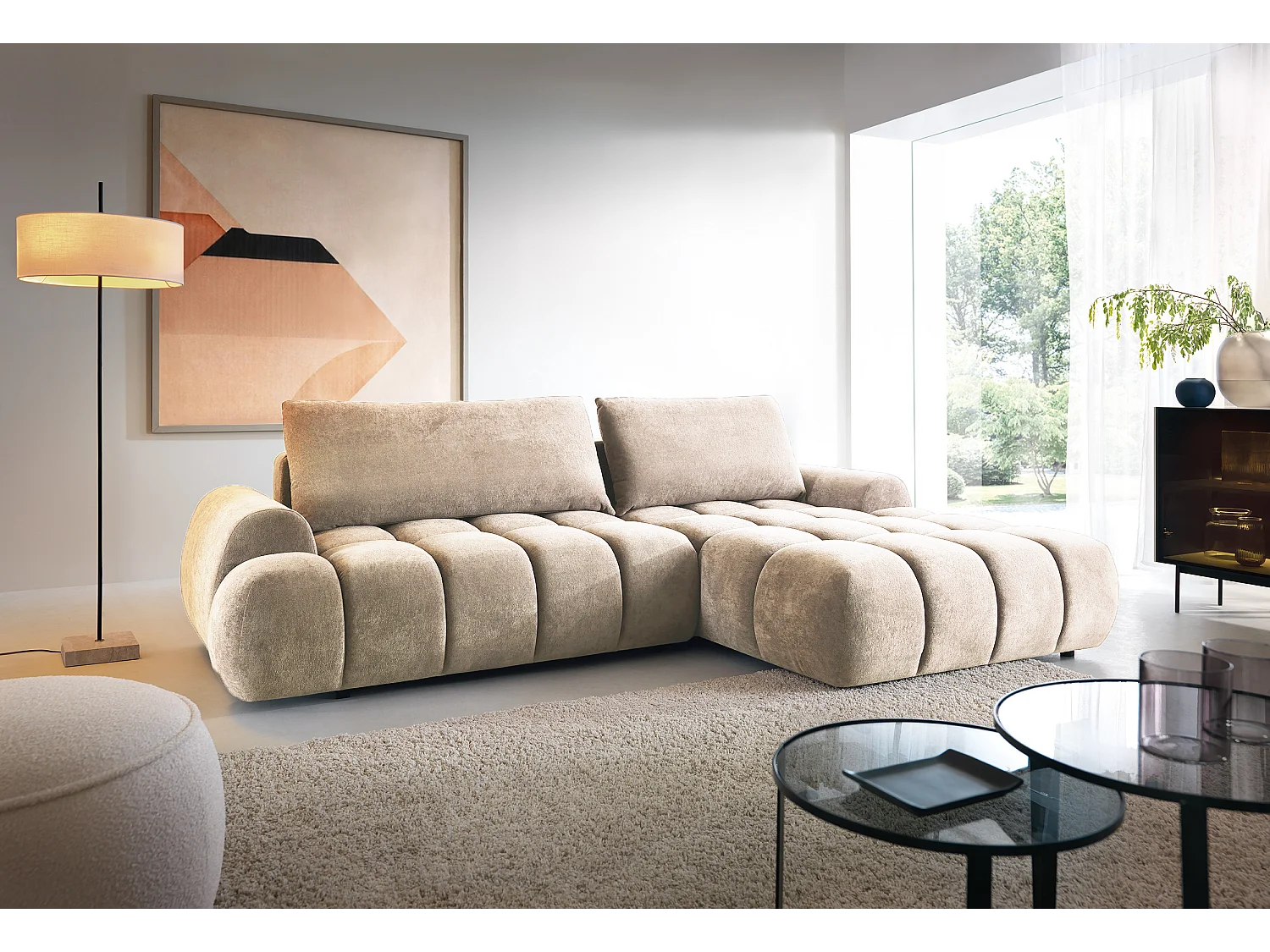 Emporius Valerio Ecksofa 280 cm - Schlafsofa mit Bettkasten, Rechts - Samt Beige (Gobi 3)