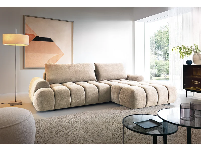 Emporius Valerio Ecksofa 280 cm - Schlafsofa mit Bettkasten, Rechts - Samt Beige (Gobi 3)
