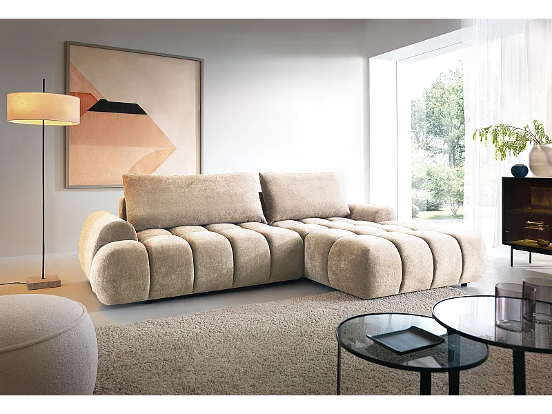 Emporius Valerio Ecksofa 280 cm - Schlafsofa mit Bettkasten, Rechts - Samt Beige (Gobi 3)