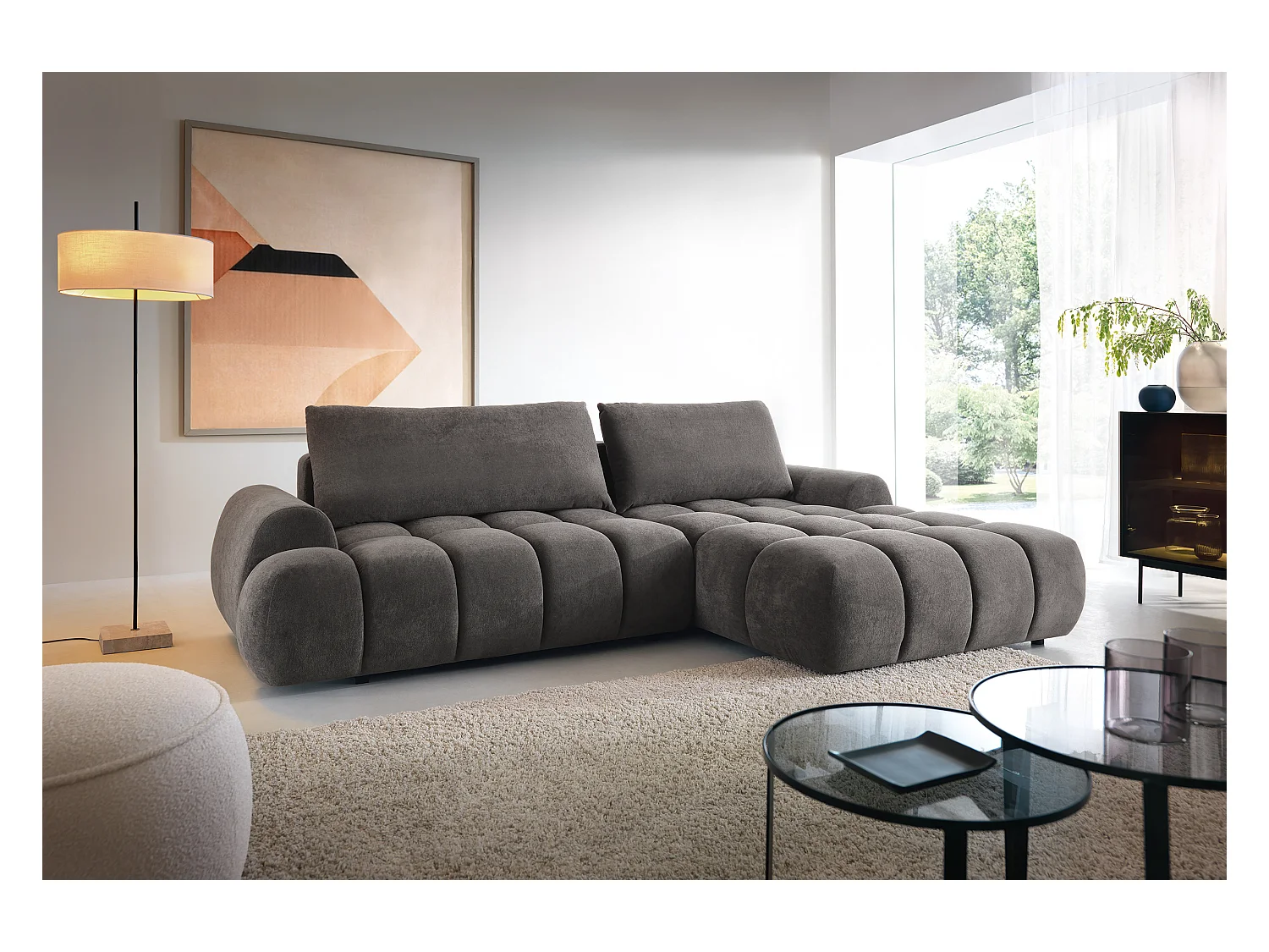 Emporius Valerio Ecksofa 280 cm - Schlafsofa mit Bettkasten, Rechts - Samt Dunkelgrau (Gobi 17)