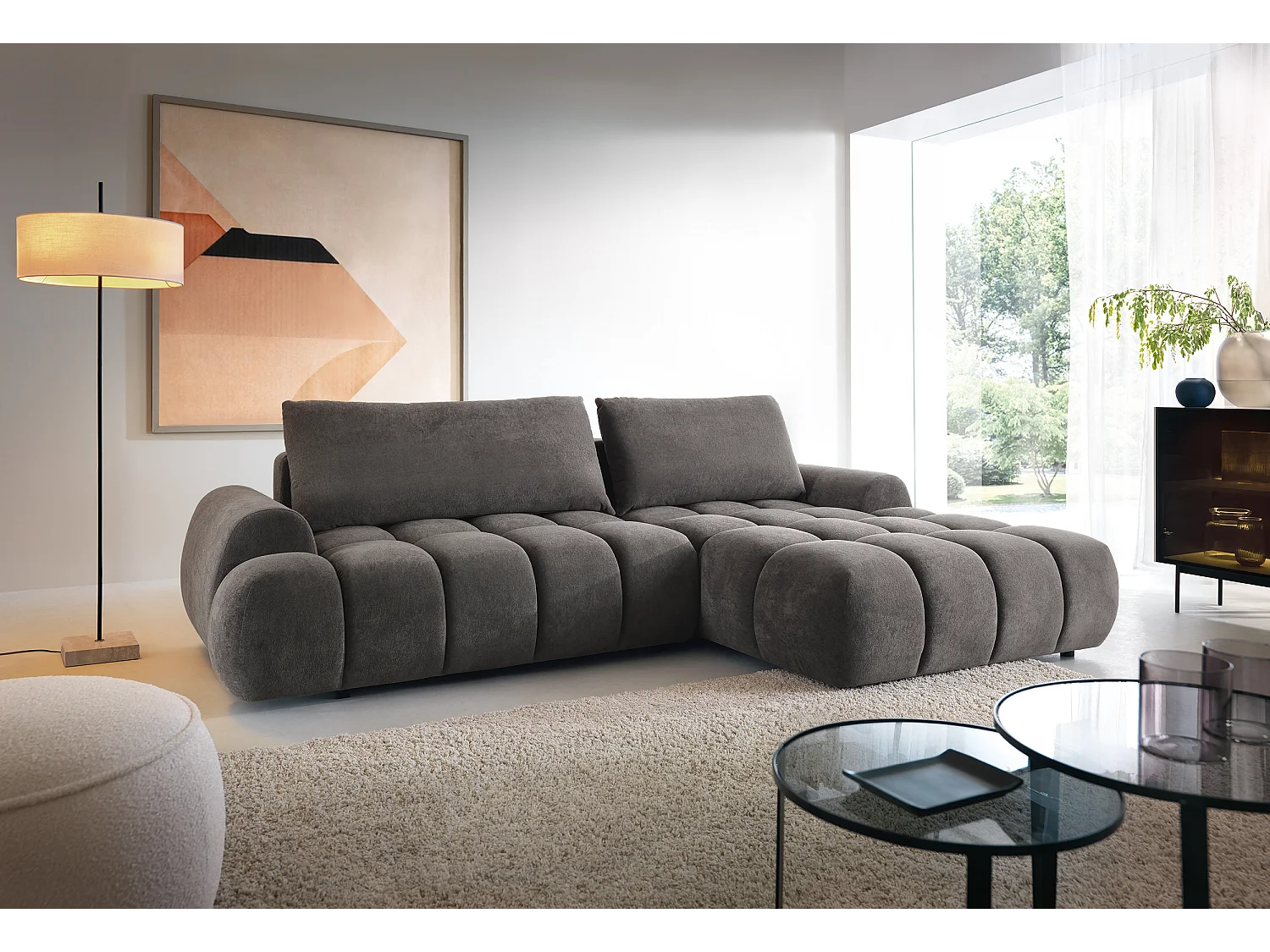 Emporius Valerio Hoekbank 280 cm - Slaapbank met bedlade, rechts - fluweel donkergrijs (Gobi 17)