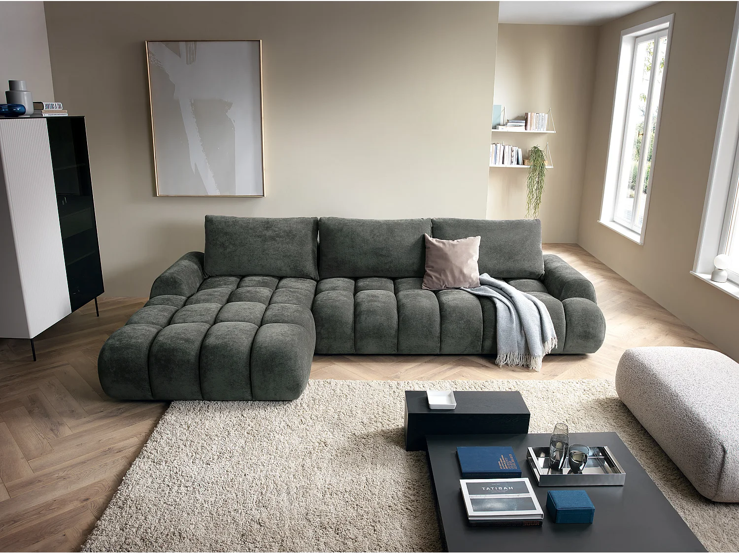 Emporius Valerio Canapé d'angle Convertible - Canapé 340 cm, Gauche - Velours Gris foncé  (Ditra New 14)